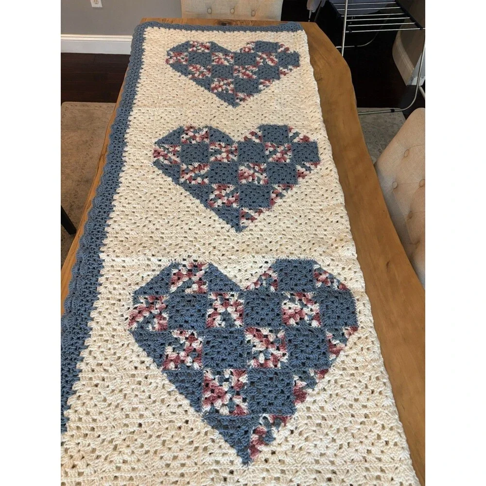 Handmade Crochet Granny Square Sofa Throw Blanket, Multicolor Vintage Hearts